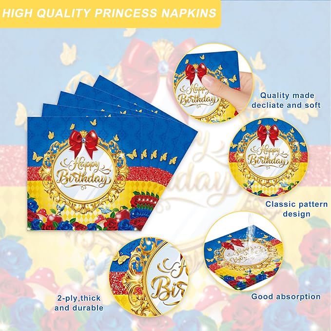 120PCS Princess Party Supplies for Girls Kids Cartoons Snow & White Themed Birthday Party Decorations Tableware Set Plates Napkins Cups Set for 20 Guests