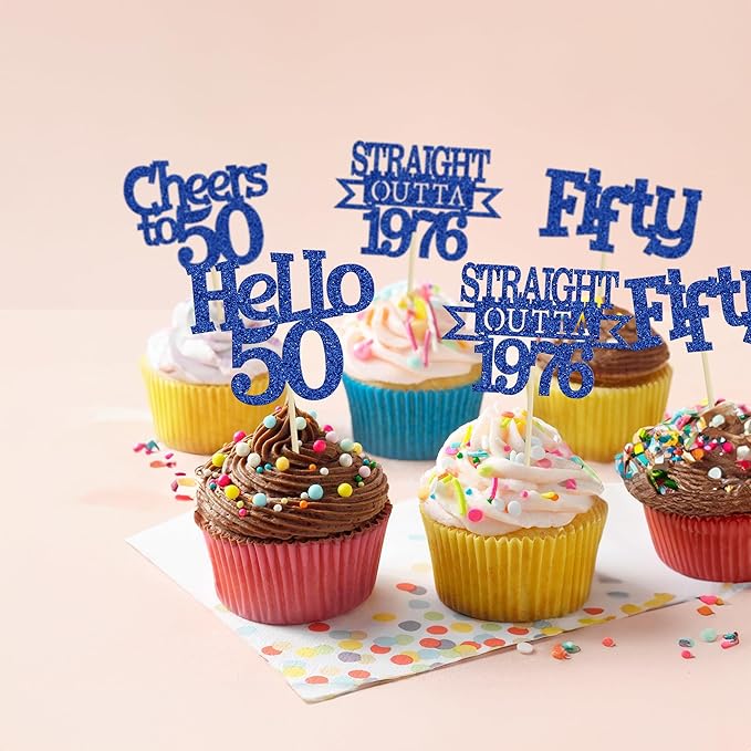 Ephlyn 24Pcs Happy 50th Birthday Cupcake Toppers Glitter Straight Outta 1976 Cupcake Picks Hello 50 Cheers to 50 Years Birthday Cake Decorations for 50th Birthday Anniversary Party Supplies Blue