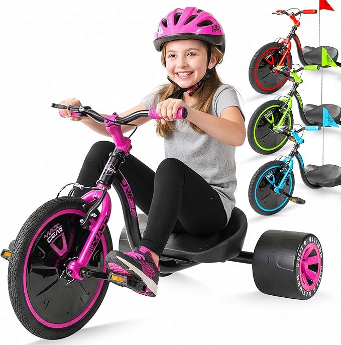 Drift Trike for Kids Ages 5+ – 16" Front Wheel Ride-On with Adjustable Seat, Steel Frame, Rear Slick Drift Wheels & Safety Flag – Madd Gear (Pink/Teal)