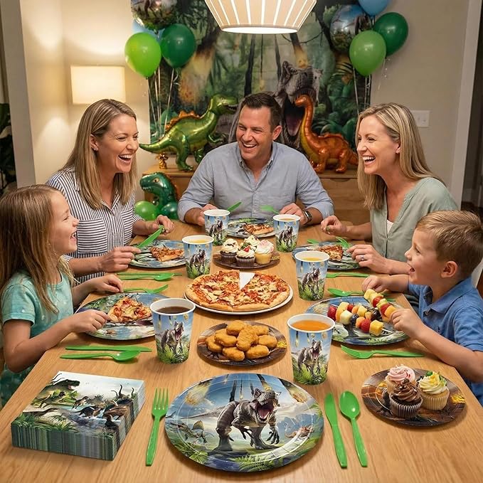 168pcs Dinosaur Party Supplies Dino Plates Napkins Disposable Tableware Set Paper Cups Green Forks Dinosaur Birthday Party Decorations for Boys Kids Birthday Decor Severs 24