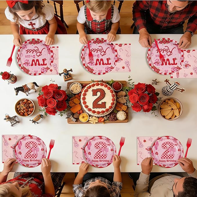 96Pcs Two Dozen Roses Party Supplies Two Dozen Roses 2nd Birthday Plates and Napkins Pink Floral Western Theme Tableware Set for Western Cowgirls 2nd Birthday Party Decorations Serves 24