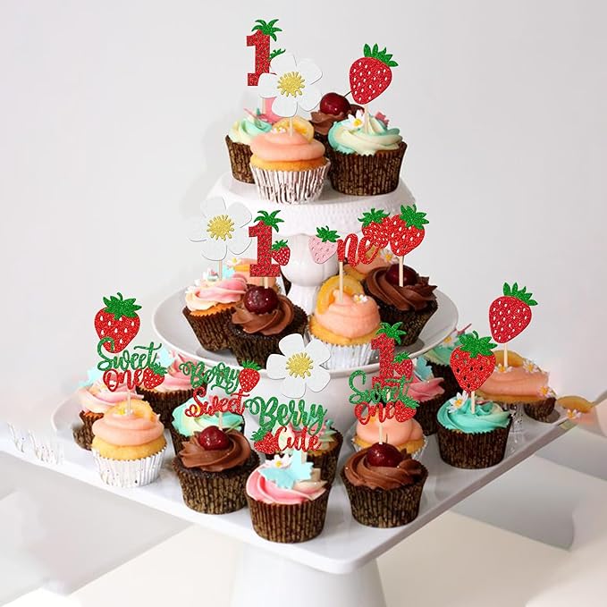 30 PCS Sweet One Strawberry Cupcake Toppers Glitter Sweet Berry 1st Birthday Cupcake Picks Strawberry Birthday Decorations for Baby Shower Kids First Birthday Party Cake Decorations Supplies Colorful