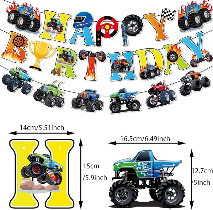 Zwiebeco Trucks Off-road Vehicles Happy Birthday Party Decoration Banner Hanging Paper Sign for Kids Adults Racing Themed Accessories Supplies