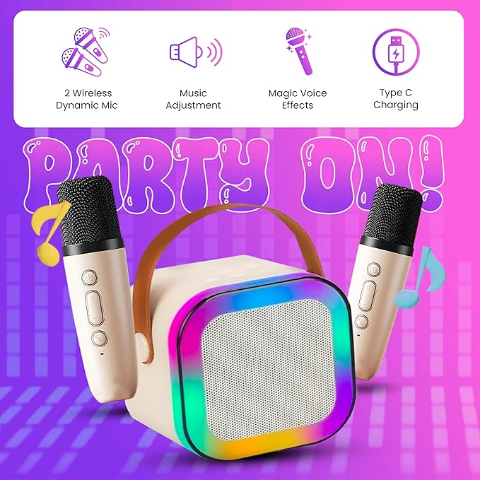 Mini Karaoke Machine Toy for Kids with 2 Wireless Microphones - Portable Bluetooth Kids Karaoke Machine, Fun Singing System for Children, Ideal Gift for Girls and Boys