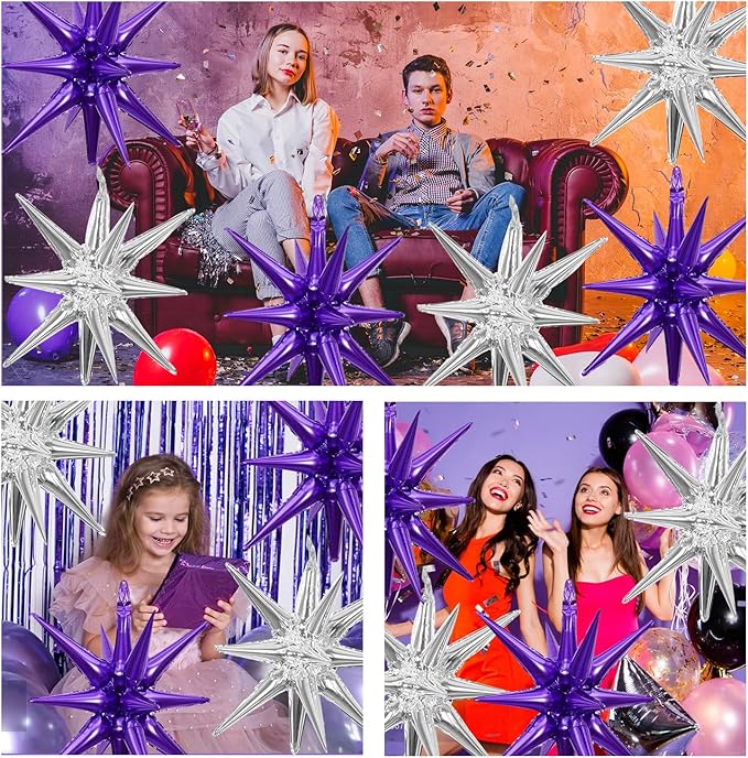 6 Pcs Silver Star Foil Balloons One-Piece 14-Pointed Star Balloon 4D Starburst Cone Mylar Balloon 22inch Christmas Birthday Wedding Wedding Anniversary Party Supplies (Silver + Purple)