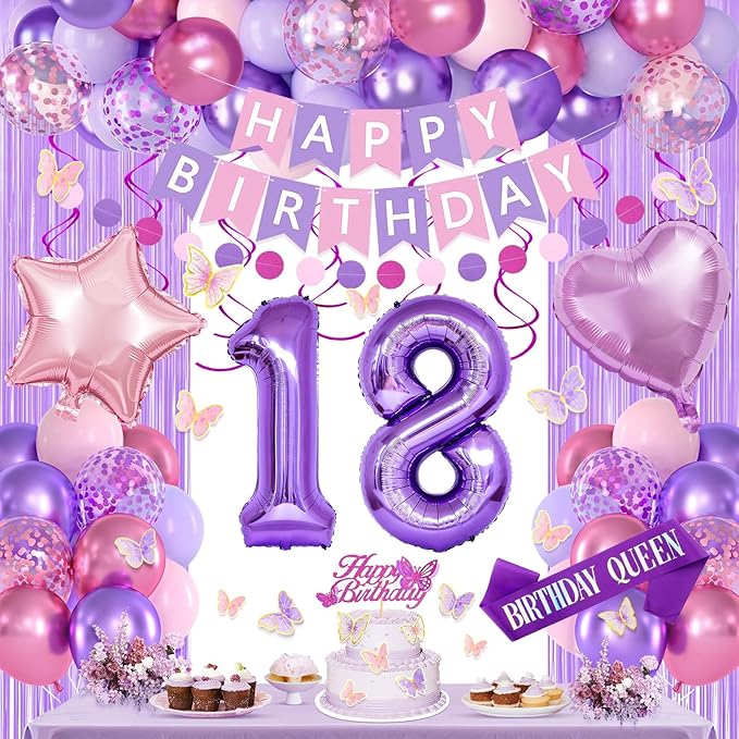 18th Purple Birthday Decorations for Girls, Pink and Purple Happy 18 Birthday Party Decorations with Happy Birthday Banner, Number Foil Balloons, Butterfly Cake Topper for 18th Party Supplies