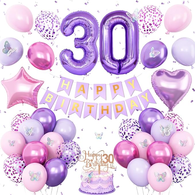 30th Birthday Decorations for Her,Pink Purple 30th Birthday Decorations Butterfly Birthday Decor Happy Birthday Banner Number 30 Balloons Cake Topper Butterfly 30th Party Decorations for Women