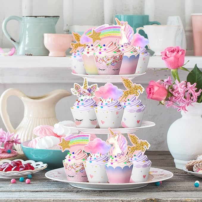 Censen 30 Pieces Unicorn Cupcake Toppers and Wrappers Decorations Unicorn Cup Cake Liners Rainbow Birthday Party Supplies Rainbow Topper Decorations for Girls Women Birthday Party