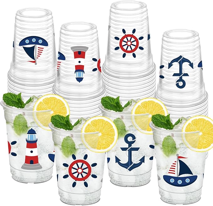 50 Pcs Nautical Cups, 12 oz Nautical Plastic Party Cups for Home Kitchen Birthday Summer Ocean Party Favors Supplies Decoration