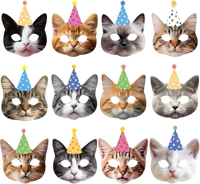 CHUNNIN 12 Pieces Cat Birthday Party Decoration Masks Cat Favors Kitten Party Kitten Decoration Masks Facial Cats Theme Cats Supplies for Birthday Dress Up & Pretend Play Supplies