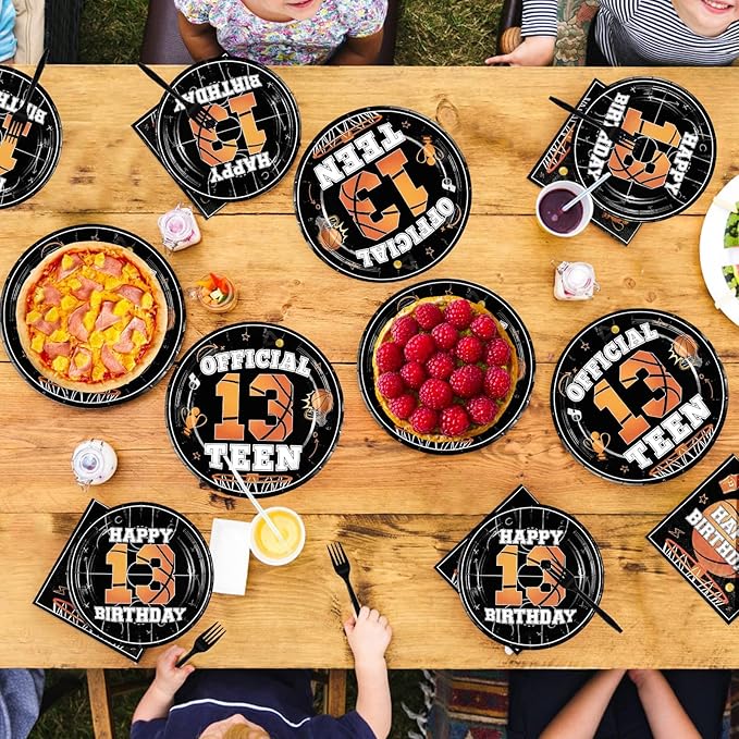 96pcs 13th Birthday Party Supplies Basketball Plates and Napkins Disposable Basketball Sports Theme Tableware Set for Boys Kids Official Teen 13 Years Old Birthday Party Decorations, Serves 24