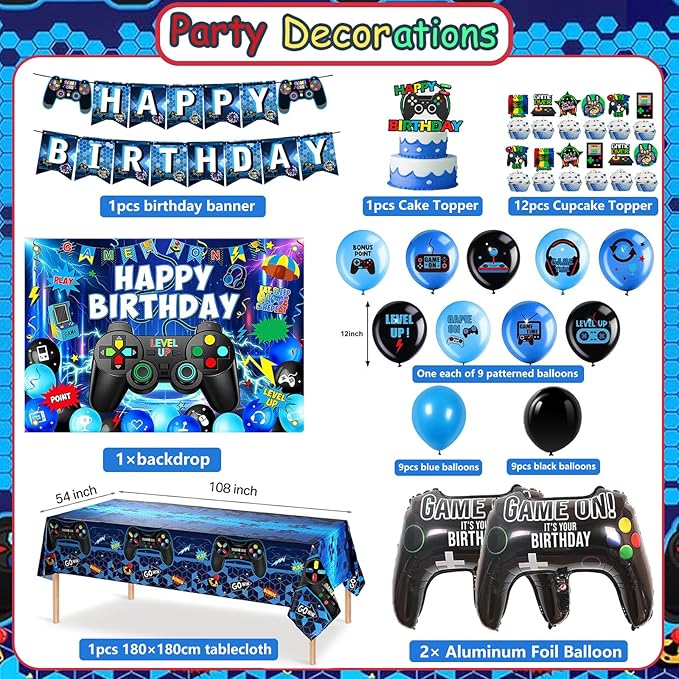 Video Game Birthday Decorations,Game Party Decorations,Backdrop,Plates,Napkins,Latex and Foil Balloons Tablecloth,Party Supplies for Boys Adults.
