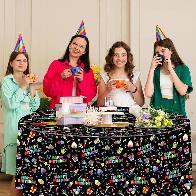 Oudain 3 Pcs Happy Birthday Tablecloth Decorations 84 Inch Plastic Disposable Round Table Covers Waterproof Colorful Balloons Confetti Tablecloth for Women Birthday Party Supplies Baby Shower(Black)