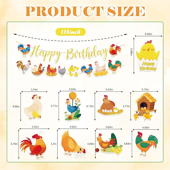 Chicken Birthday Party Decorations Include Chicken Happy Birthday Glitter Banners Hanging Swirls Honeycomb Centerpieces Chick Farm Animal Birthday Theme Party Supplies