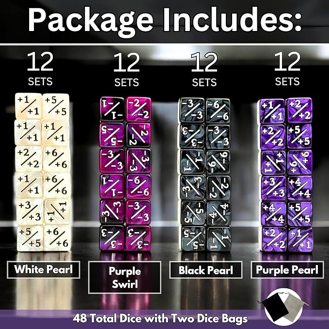 Luck Lab MTG Magic Life Counter Dice, 48 PCS - Compatible w/Magic Card Game Accessories, CCG Creature Stats w/ 2 Dice Bags (Purple Pearl, Purple Swirl, White Pearl, Black Pearl)