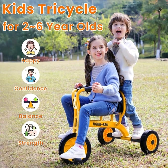 Kids Tricycle for Age 2-6, Big Wheel Kids Trike Bike, Preschool Daycare Outdoor Tricycle with Airless Rubber Tires and Non-Slip Pedals, Gift for Boys and Girls