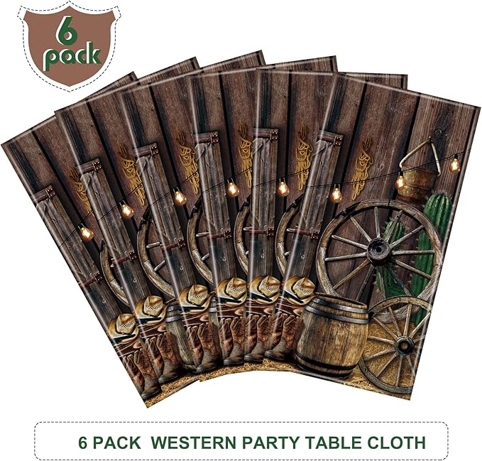 Tiamon 6 Pcs Western Party Tablecloth Western Cowboy Party Table Cover Cowboy Theme Plastic Tablecloth Wild West Wooden House Table Cover for Birthday Supplies