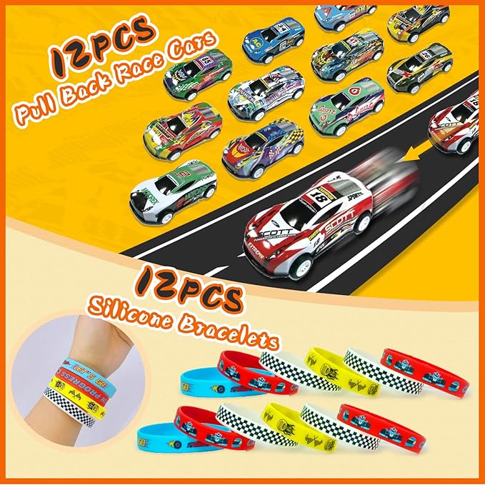 Race Car Party Favors 110Pcs Car Themed Birthday Party Supplies Set Include Wristbands Race Cars Keychains Bracelets Bags Tattoo Stickers Pinata Filler