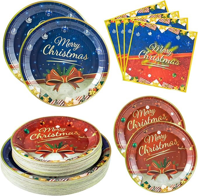 180PCS Christmas Paper Plates and Napkins, Disposable Dinner Plates and Napkins Set for 60 Guests, Party Table Decorations
