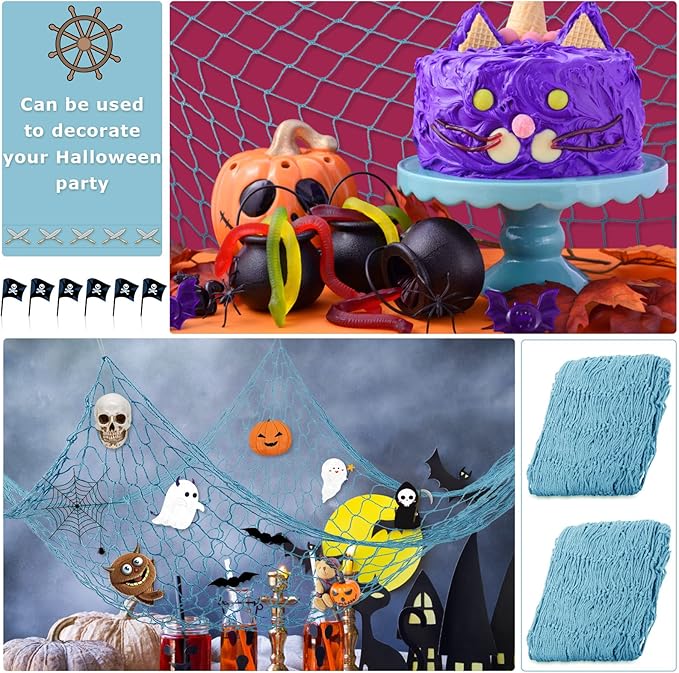 Shappy 2 Pcs Fish Net Decorative 80 x 40 Inch, Wall Hanging Fishnet for Mermaid, Pirate, Nautical, Under the Sea Party Decoration Ocean Themed Hawaii Beach Birthday Halloween Party Supplies(Blue)