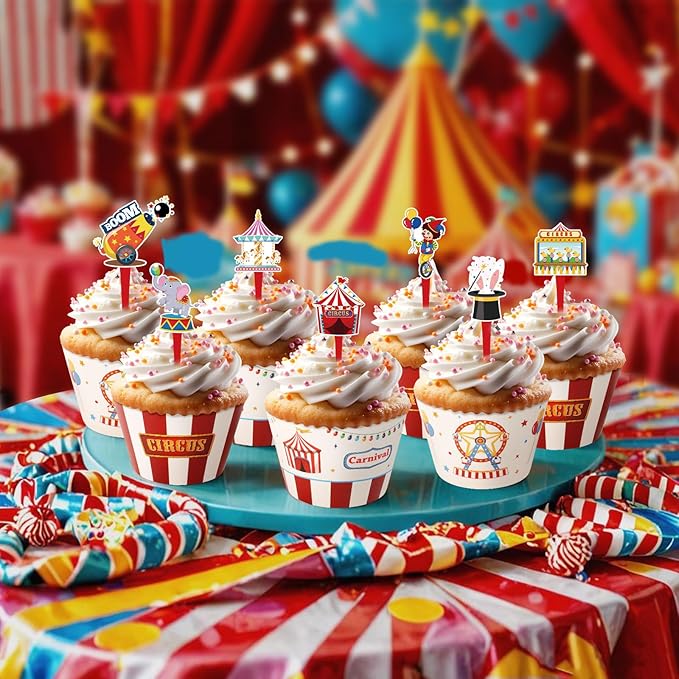 48 Pack Circus Cupcake Toppers and Wrappers, Carnival Party Cake Decoration for Carnival Theme Birthday Party Baby Shower Supplies