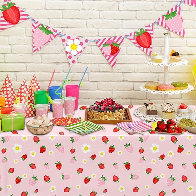 GREHUMOR 3 Pack Strawberry Tablecloth Strawberry Birthday Decorations Plastic Strawberry Theme Party Table Cover for Girls Sweet One Birthday Berry Sweet Baby Shower Party Supplies 51x87 inches