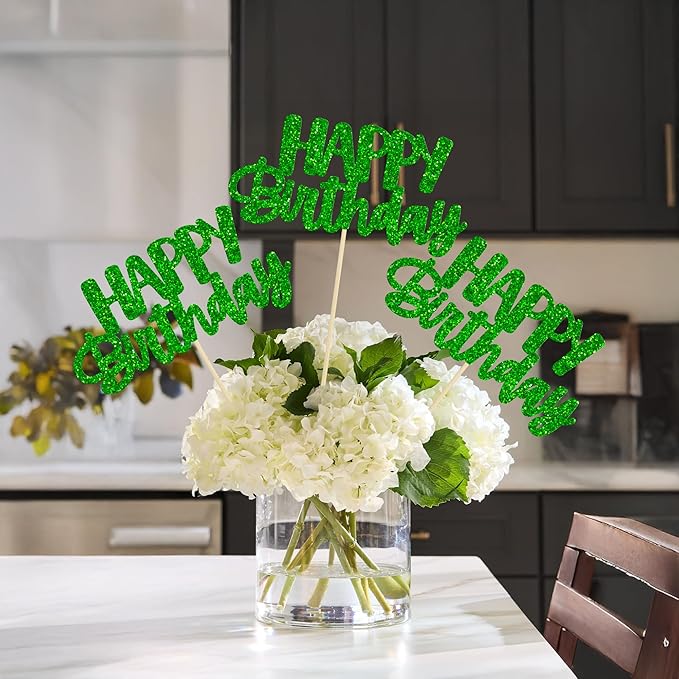 Gyufise 12Pcs Happy Birthday Centerpieces Sticks Double Sided Glitter Birthday Party Decorations Anniversary Table Flower Centerpiece for Celebrating Party Supplies Green