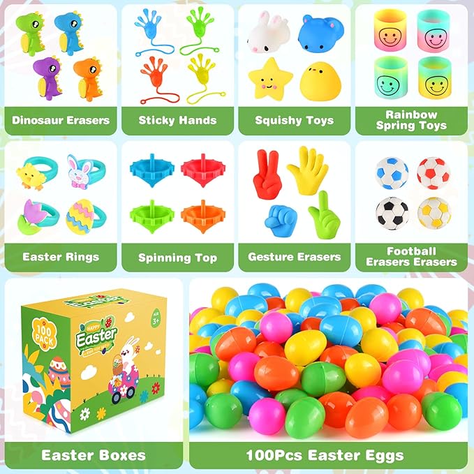 100 Pack Prefilled Easter Eggs with Assorted Toys, Bright Colorful Easter Eggs for Easter Basket Stuffers/Fillers, Easter Eggs Hunt, Classroom Prize Supplies, Party Favors Bulk for Kids