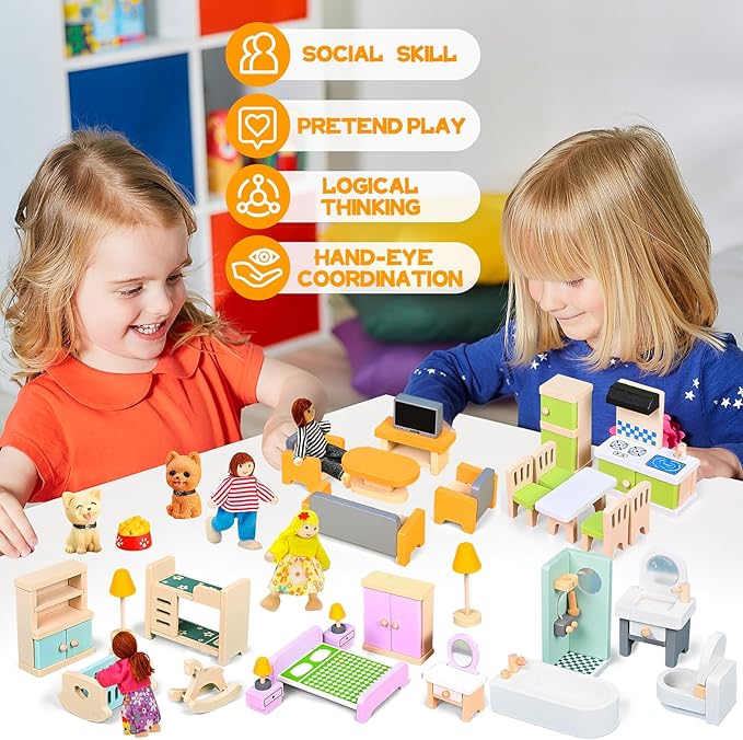 36PCS Wooden Dollhouse Furniture Set with 4 Flexible Family Dolls - 5 Room Realistic Doll House Accessories for Toddlers 3 4 5 6, Pretend Play Toys Gift for Birthday and Christmas