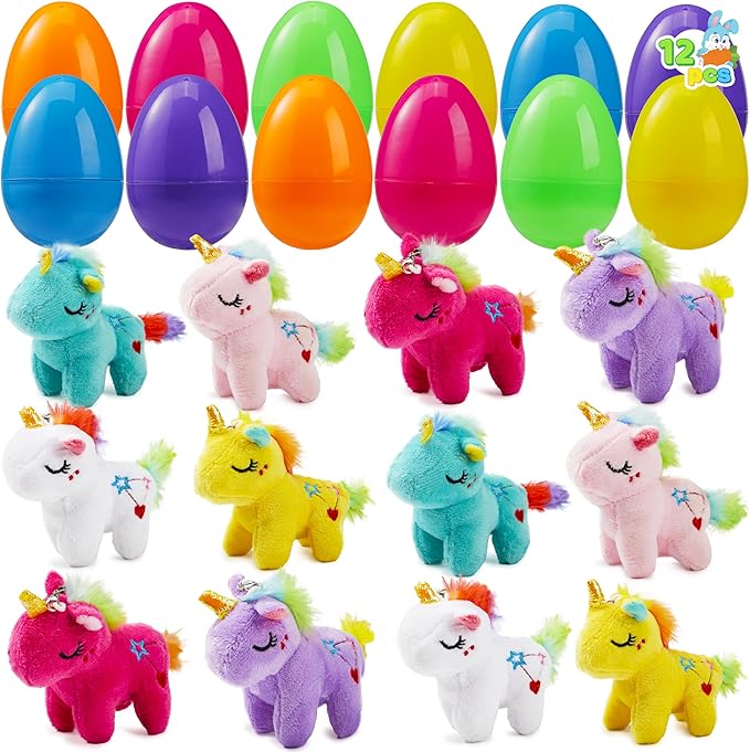 JOYIN 12 Pcs Filled Easter Eggs with Plush Unicorn, Bright Colorful Eggs Prefilled with Variety Plush Unicorn for Kids Toddlers Easter Hunt, Basket Stuffers and Party Favors