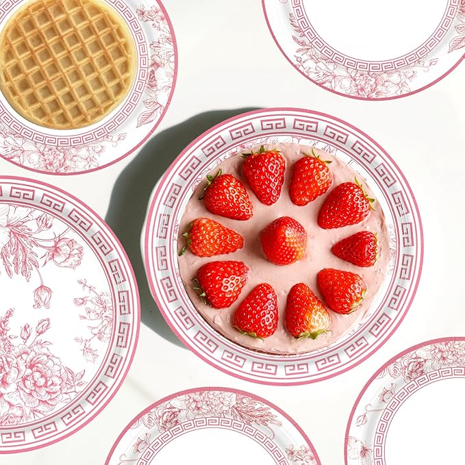 180PCS Pink White Floral Party Supplies Serve 60, Pink Flower Paper Plates and Napkins Kit for Bridal Baby Shower Wedding Tea Party Decorations, Includes Dinner and Dessert Plates, Napkins