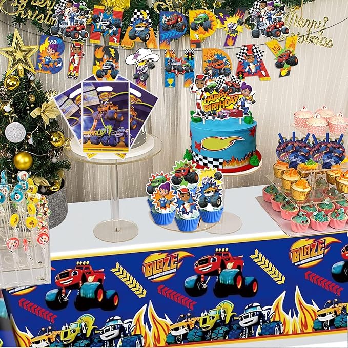 133 Pcs Monster Truck Birthday Party Supplies,Included Banner,Gift Bag,Party Blowers,Tablecloth,Cake Topper,Cupcake Toppers,Plates,Balloon,Racing Car Tableware Set for Boy Truck Party Decorations
