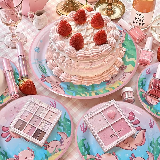 96Pcs Axolotl Birthday Decorations Pink Cartoon Animals Paper Plates and Napkins and Forks for 24 Guest Picnic Baby Shower Kids Birthday Party Supplies
