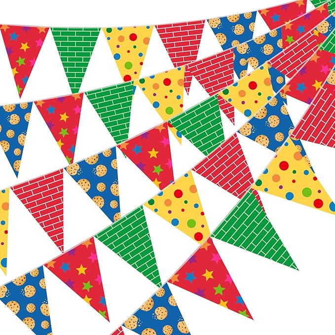 Tiamon 5 Pcs Red Brick Wall Birthday Banner Decoration Yellow Blue and Green Pennant Bunting 49.2 Ft Modern Red Brick Triangle Flag for Boy Cartoon Birthday Carnival Party Decoration