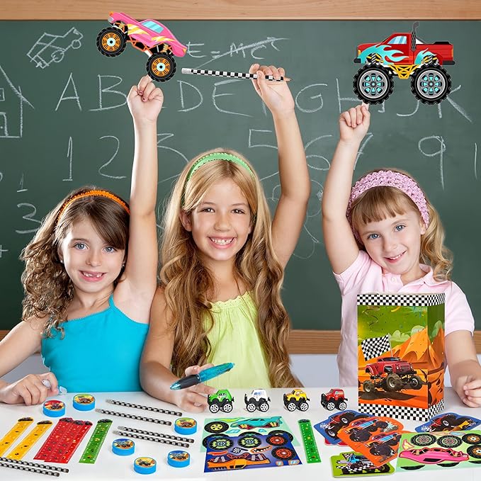 84pcs Truck Party Favors, Car Themed Birthday Party Supplies Including Truck Toys Notebooks Rulers Pencils DIY Stickers Pencil Sharpener, Race Car Themed Party Goodies Classroom Rewards