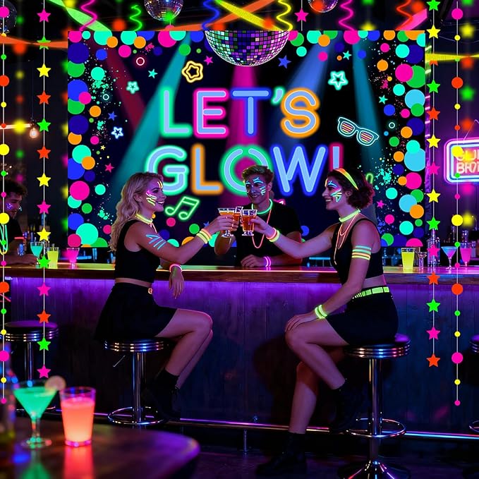 Glow in the Dark Party Supplies - Let’s Glow Backdrop, UV Banner, Balloons, Paper Streamers, Neon Garland for Blacklight Neon Birthday Party Decorations