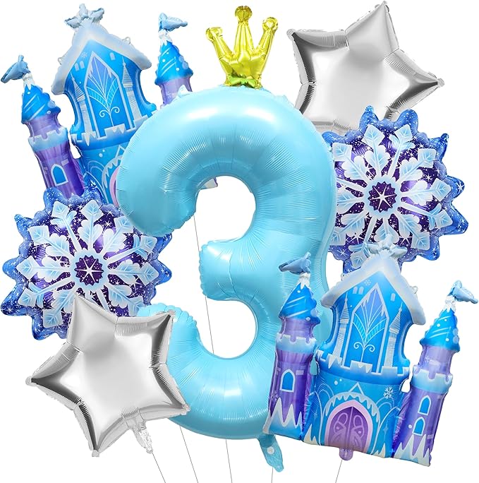 7Pcs 3rd Birthday Party Decorations Balloons,Winter Snowflake Balloons Large Blue 40 Inch Number 3 Balloon Foil Star Castle Ballon for Birthday Party Favor Decor Supplies Winter Wonderland Decoration