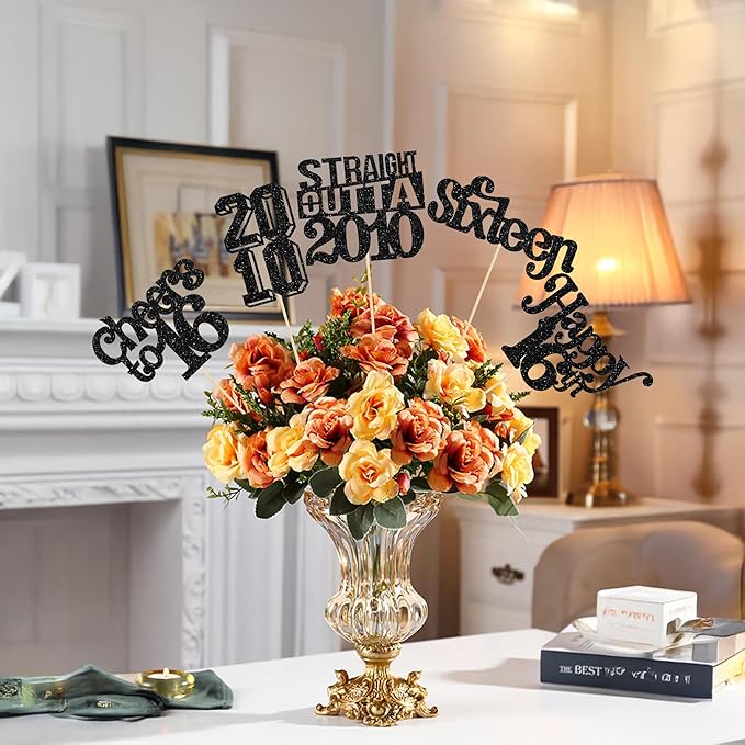 Gyufise 15Pcs Happy 16th Birthday Centerpiece Sticks Sixteen Straight Outta 2010 Table Flower Centerpieces Sticks for Cheers to 16th Birthday Party Supplies Black