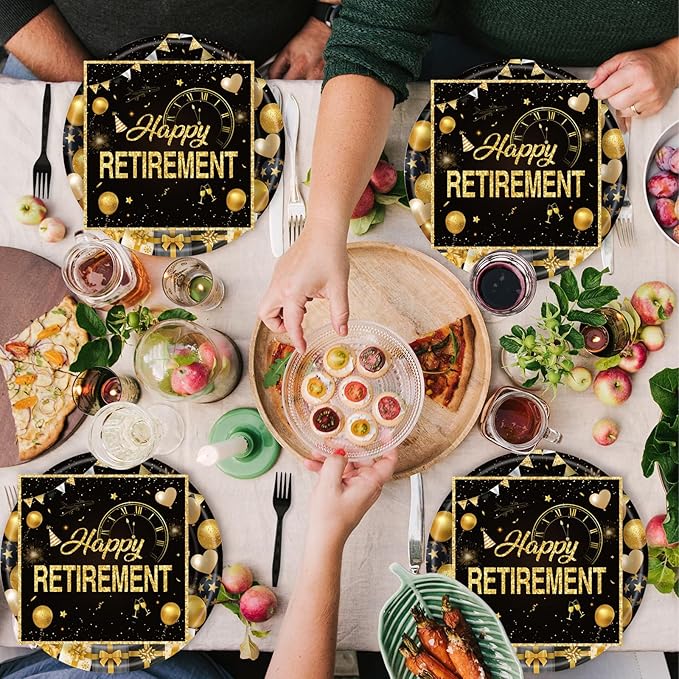 72Pcs Retirement Plates and Napkins, Black Gold Happy Retirement Party Decorations Paper Plates and Napkins with Forks Disposable Tableware Set for Men Women