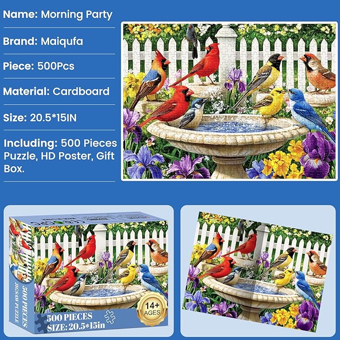 500 Pieces Puzzle for Adults,Birds Bath Flower Fence Puzzle,Recycled Cardboard Animals Jigsaw Puzzle 500 Pieces,Challenging Game Home Decor Birthday Party Gift Toy for Adults Seniors 20.5 * 15 in