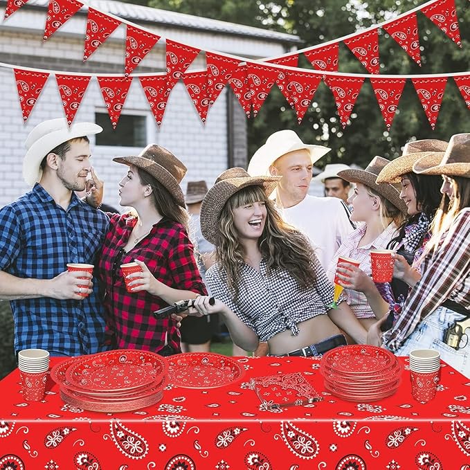 123 Pcs Western Cowboy Party Decorations, Wild West Birthday Decorations Tableware Set, Cups, Plates, Napkins, Banner & Tablecloth for Cowboy Themed Party Ideal for Bbqs, Baby Showers(Red, Blue)
