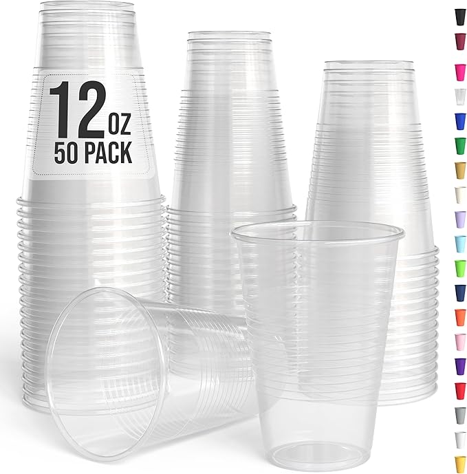 Exquisite Party Solids 12 Oz Clear Plastic Cups For Party Supplies 50 Pack | Clear Disposable Cups Plastic | Disposable Drinkware For Parties, Events & Everyday