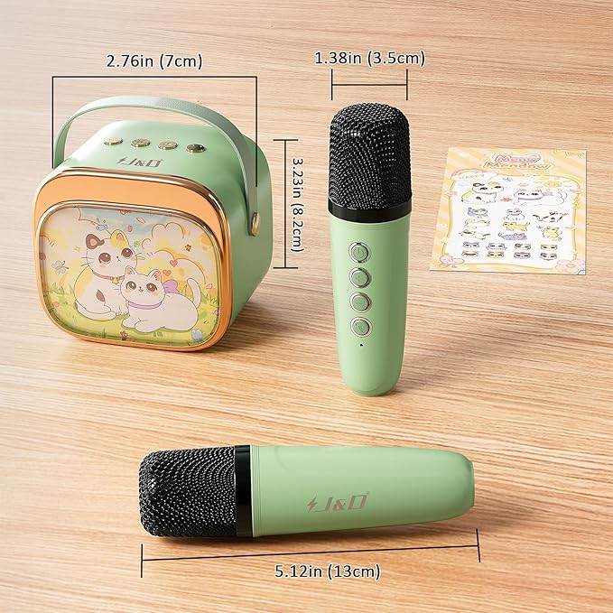 J&D Mini Karaoke Machine for Kids Adults, Portable Bluetooth Speaker with 2 Wireless Mics and Cat Sticker for Girls Boys Age 3–10 Birthday Gifts Princess Toys, Colorful LED, Green