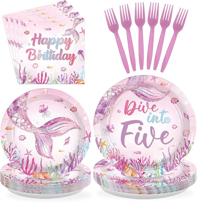 96Pcs Mermaid 5th Birthday Party Supplies Dive Into Five Party Plates and Napkins Disposable Mermaid Ocean Sea Animal Tableware Set for Girls 5 Year Old Birthday Decorations, Serves 24