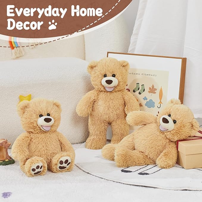 MorisMos 3 Pcs Teddy Bear Stuffed Animals, 13.8 Inch Smiling Teddy Bears Baby Shower Decoration Plush, Gifts for Boys Girls Kids, Nursery, Birthday, Party, Brown, Easter Basket Stuffer Toy