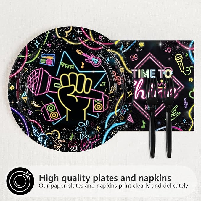 96Pcs Karaoke Party Supplies Music Disco Microphone Plates and Napkins Karaoke Night Neon Music Theme Tableware Set for Popular Singer Social Media Birthday Party Decorations Serves 24