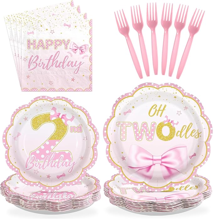 96Pcs Oh Twodles Birthday Party Supplies Girl Cartoon 2nd Mouse Birthday Paper Plates and Napkins Pink Gold Cute 2nd Mouse Theme Bday Decoration for Girls Two Years Old Bday Party Supplies Serves 24