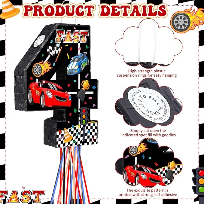 Race Car Piñata Pull String Cars Piñatas for Birthday Party Decorations Number 2 3 4 5 6 with Blindfold Stick Small Red Black Racing Theme 2nd 3rd 4th 5th 6th Party Supplies(Number 4)