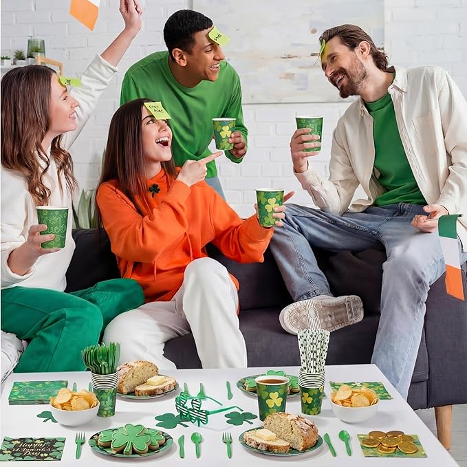 450 Pcs Happy St. Patrick's Day Tableware Set Decorations, Lucky Green Shamrock Paper Plates Clover Napkins Cups Cutlery Straws for Irish Festival St. Patrick's Day Party Supplies, Serves 50