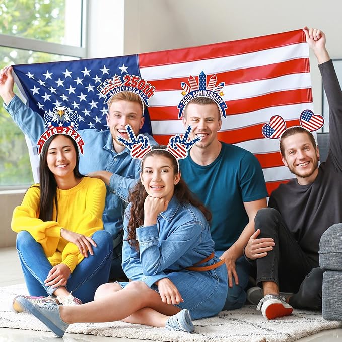 Blosssound 16 Pcs 250th Anniversary USA Headband 250th USA Patriotic Party Favor Gift Paper Head Bopper Independence Day Headwear Dress up 4th of July Party Costume Accessories Photo Prop Decor Supply